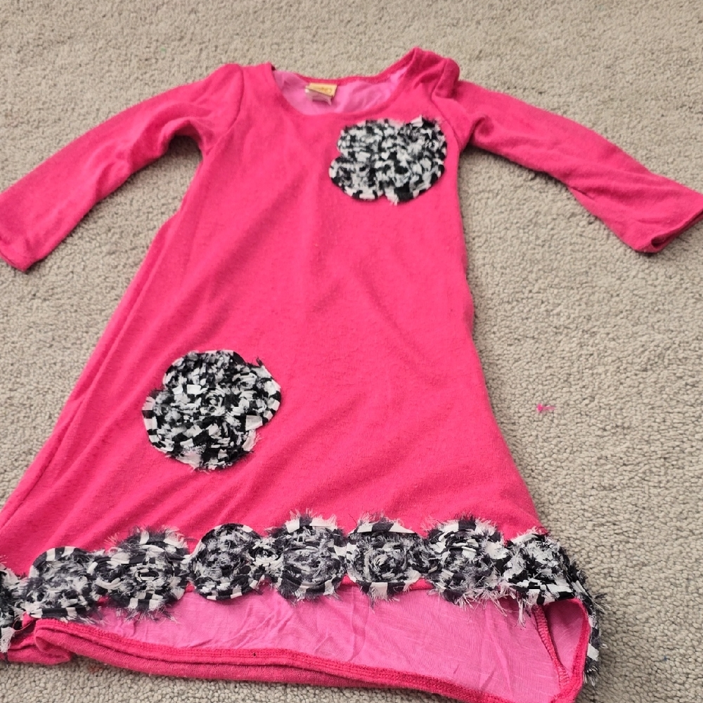 MM Couture Vibrant Pink Kids Dress with Monochrome Floral Details